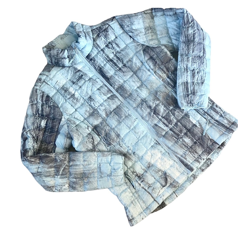 North Face ThermoBall Eco Jacket Sz L Beta Blue Granitic Rock Print